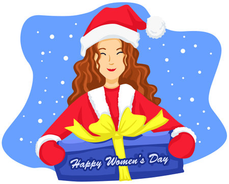 Illustration of a Woman Wearing Santa Claus Costume Holding a Christmas Giftのイラスト素材