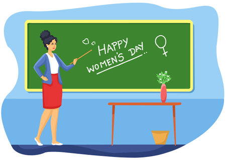 Illustration of a teacher in front of a blackboard with the text Happy Women's Dayのイラスト素材