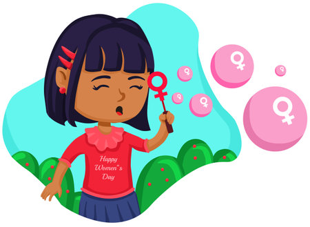 Girl holding a gender symbol in her hand. Feminism concept illustrationのイラスト素材