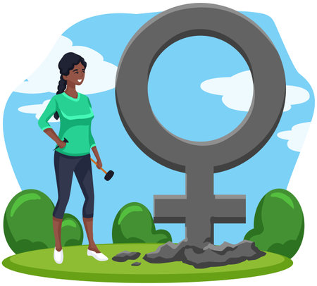 Vector illustration of a black woman holding a hammer and a female gender symbolのイラスト素材