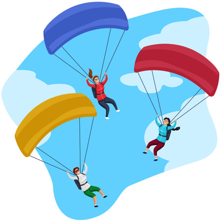 Paragliders flying in the sky. Flat design vector illustration.のイラスト素材