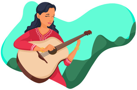 Indian woman playing the guitar. Vector illustration in flat cartoon style.のイラスト素材
