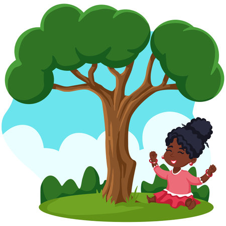 African American Girl Sitting Under a Tree Illustration Isolated on White Backgroundのイラスト素材