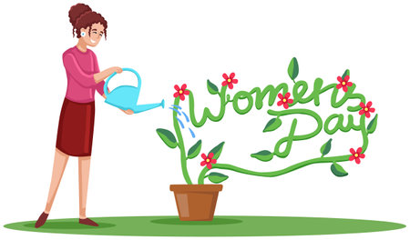 Womens Day card with happy woman watering flower in pot illustrationのイラスト素材