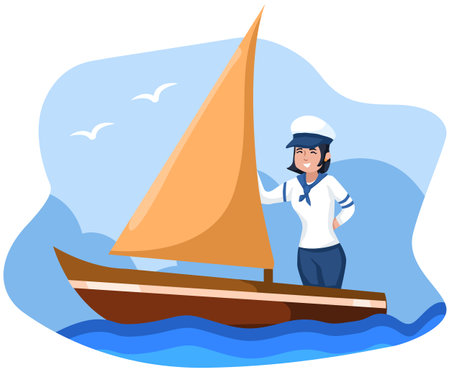 Vector illustration of a sailor on a sailboat with seagullsのイラスト素材
