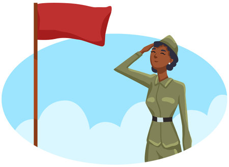 Illustration of a female soldier saluting with a red flag in the backgroundのイラスト素材