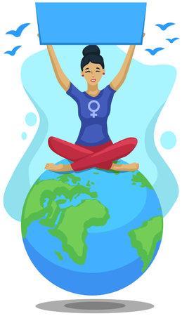 Woman Sitting on Earth and Holding Blank Placard Vector Illustrationのイラスト素材