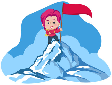 Girl on the top of mountain with red flag. Vector illustration.のイラスト素材