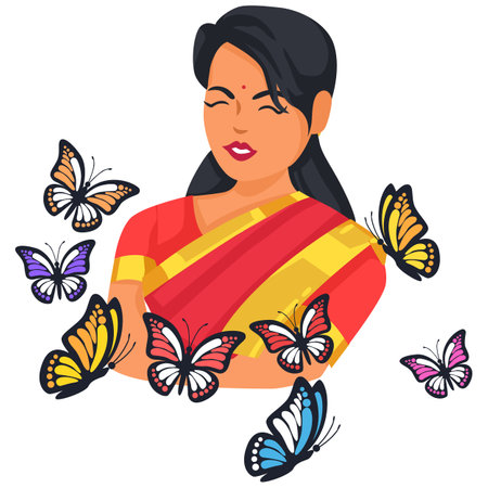 Indian woman with butterfly. Vector illustration in a flat style isolated on white background.のイラスト素材