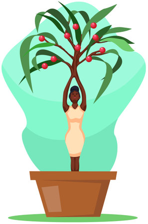 Illustration of a young African American woman standing next to a treeのイラスト素材