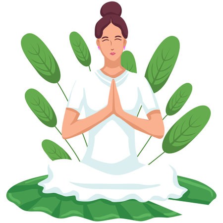 Young woman meditating in lotus position. Yoga and meditation concept. Vector illustration.のイラスト素材