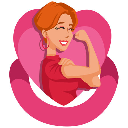 Smiling woman showing biceps in heart frame. Vector cartoon illustration.のイラスト素材