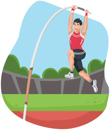 Illustration of a male athlete jumping a javelin viewed from the side on isolated background done in cartoon style.のイラスト素材