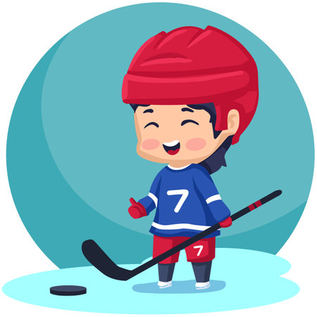 Cute boy playing hockey vector illustration. Cartoon boy playing hockey.のイラスト素材