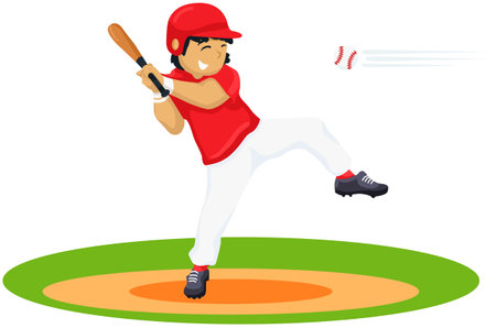 Baseball player in red uniform with bat on the field vector illustrationのイラスト素材