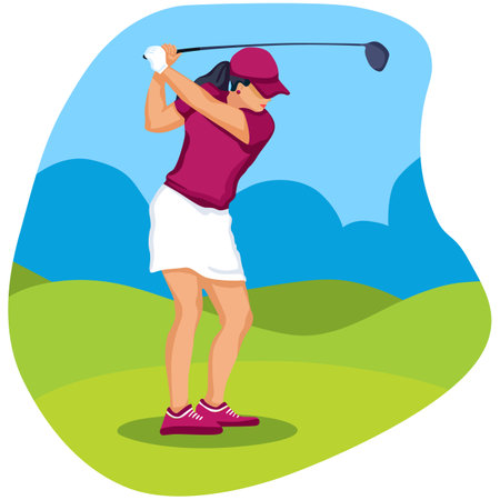 illustration of a female golfer playing golf on the golf courseのイラスト素材
