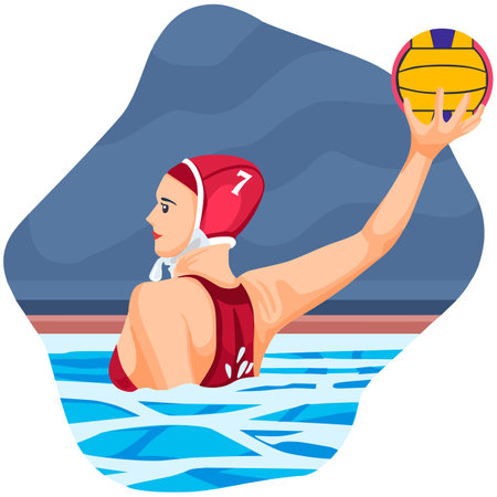 Vector illustration of a female swimmer holding a volleyball in the poolのイラスト素材
