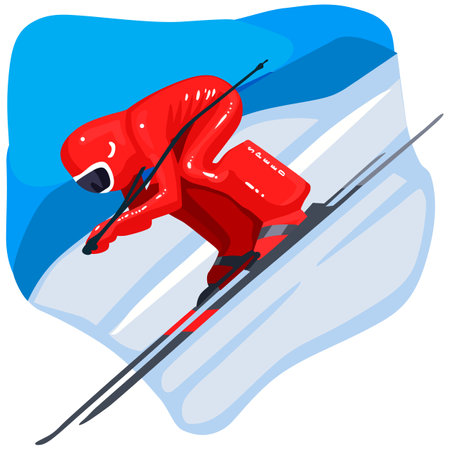 Cartoon skier in red suit skiing downhill. Vector illustration.のイラスト素材