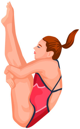 A woman in a red swimsuit is engaged in yoga. Vector illustrationのイラスト素材
