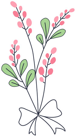 Hand drawn vector illustration of a branch with pink flowers and leaves.のイラスト素材
