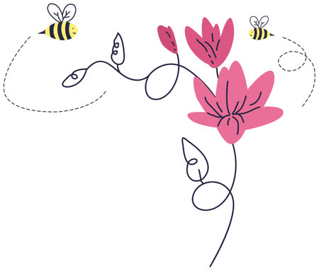 Floral background with bees and flowers. Vector illustration in doodle style.のイラスト素材