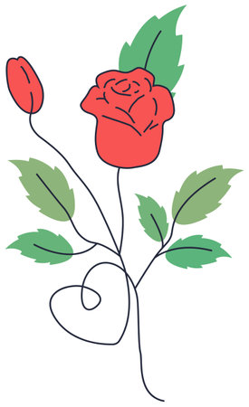 Continuous one single line drawing of a red rose with leaves on a white background.のイラスト素材