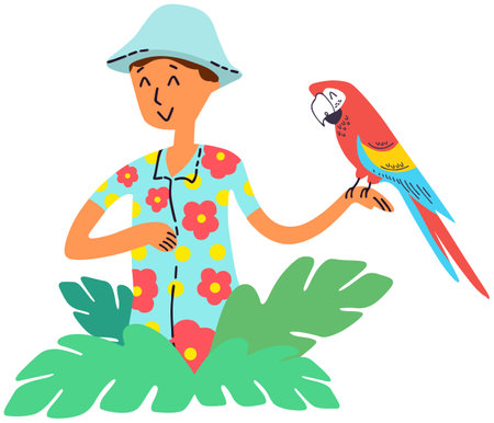Vector illustration of a man with a parrot on a white backgroundのイラスト素材