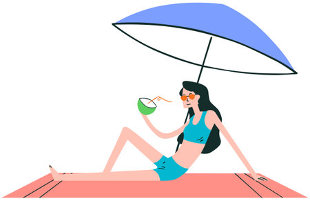 Woman sunbathing on the beach under an umbrella. Vector illustrationのイラスト素材