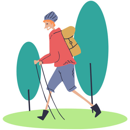 Hiking man with backpack and trekking poles. Vector flat illustration.のイラスト素材