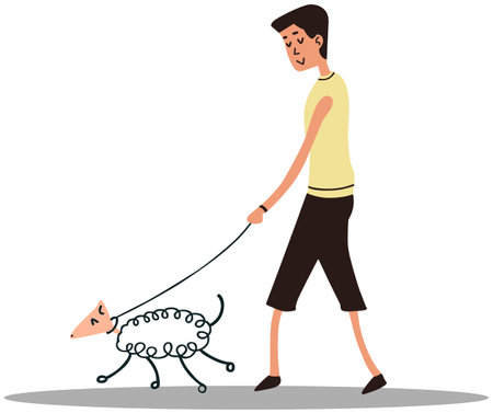 Man walking a dog on a leash. Vector illustration isolated on white background.のイラスト素材