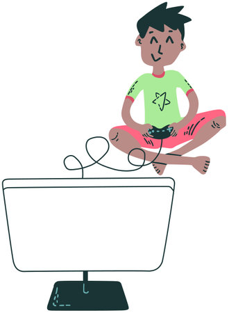 This is an illustration of a boy playing video games on a computer.のイラスト素材