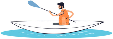 Man in a life jacket with a paddle in a boat. Vector illustrationのイラスト素材