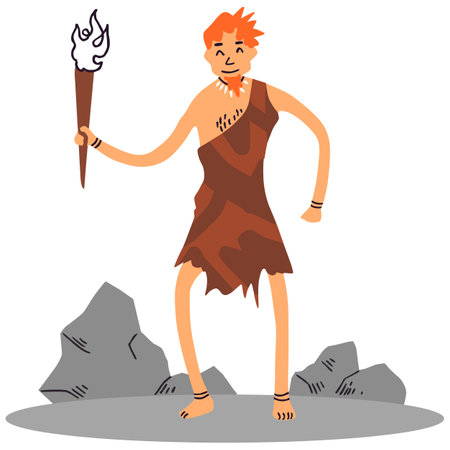 Cartoon prehistoric man with a torch. Vector illustration in flat styleのイラスト素材