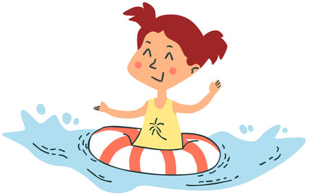 Illustration of a Little Girl Swimming in the Water with a Lifebuoyのイラスト素材