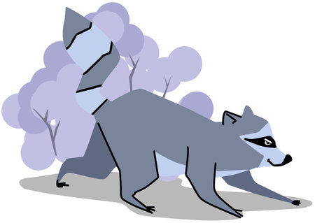 Illustration of a raccoon on a background of trees and bushesのイラスト素材