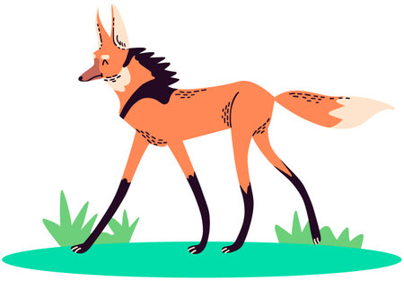 Vector illustration of a cute fox standing in the grass. Flat cartoon style.のイラスト素材