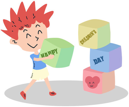 This is an illustration of a Cute Kid Boy Playing with Cubes.のイラスト素材