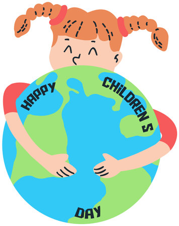 This is an illustration of a girl holding a globe with the words Happy Children's Day.のイラスト素材