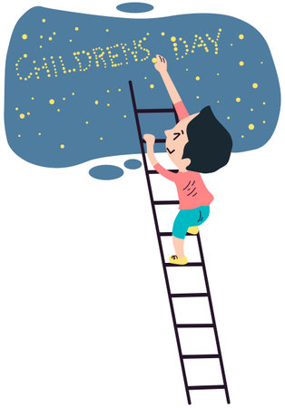 Illustration of a Kid Climbing the Ladder to the Starsのイラスト素材