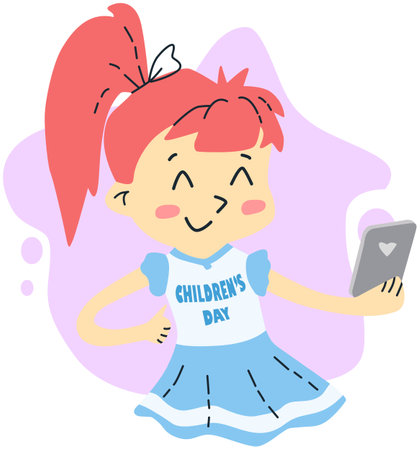 A cute little girl is holding a smartphone and smiling. Vector illustration.のイラスト素材