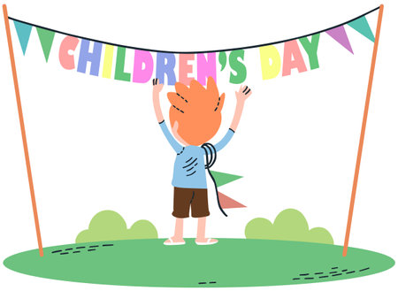 Happy children's day. A boy is holding a garland of flags. Vector illustration.のイラスト素材