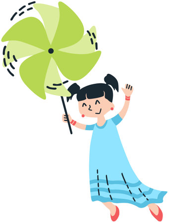 This is an illustration of a cute little girl holding a windmill.のイラスト素材