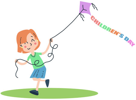 Celebrate International Children's Day with a cute little girl and a kiteのイラスト素材