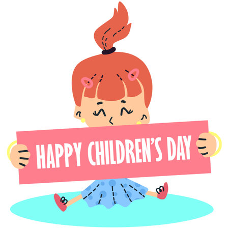 This is a illustration of a little girl holding a sign that says Happy Children's Day.のイラスト素材