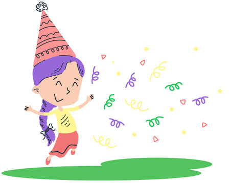 Illustration of a girl in a party hat running with confettiのイラスト素材