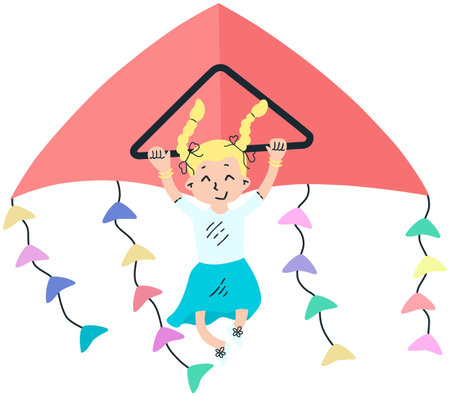 A cute little girl is flying on a kite.  This is an illustration.のイラスト素材