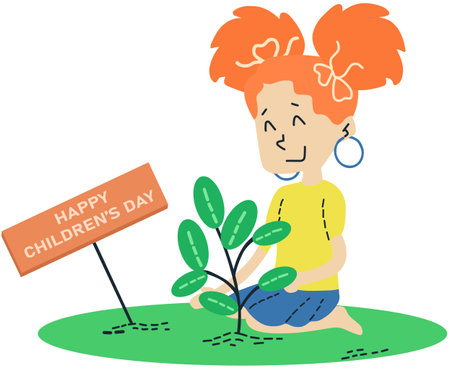 This is an illustration of a girl planting a tree in the garden.のイラスト素材