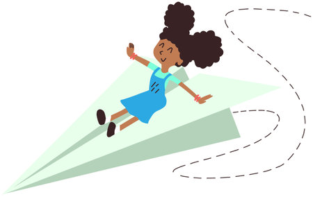 Illustration of an African American Girl Flying in a Paper Airplaneのイラスト素材