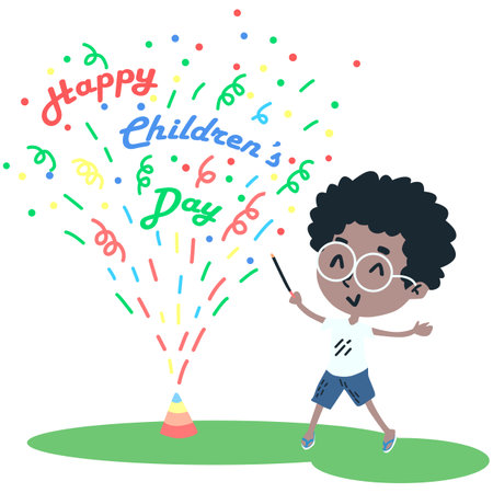 Happy Children's Day. Cute African American boy in glasses and a white T-shirt with a pointer. Vector illustration.のイラスト素材