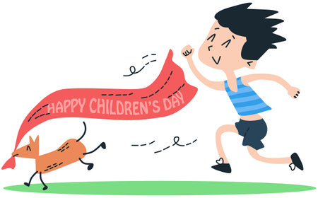 Happy children's day. Vector illustration of a boy running with a red banner.のイラスト素材
